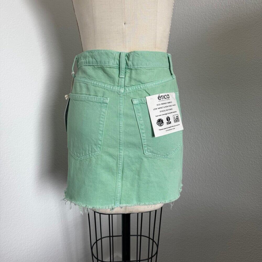 Etica | NWT High Waisted Green Denim Mini Skirt Size 25" - Picture 3 of 11